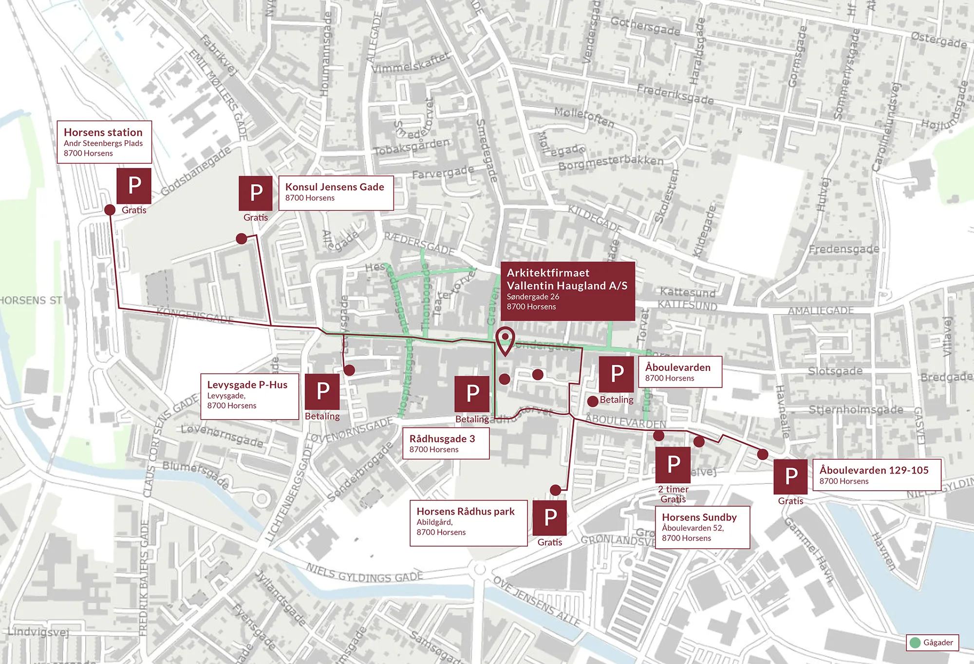 Kort over Horsens midtby med tegnestuen på Søndergade 26 og de nærmeste parkeringspladser, gratis og med betaling