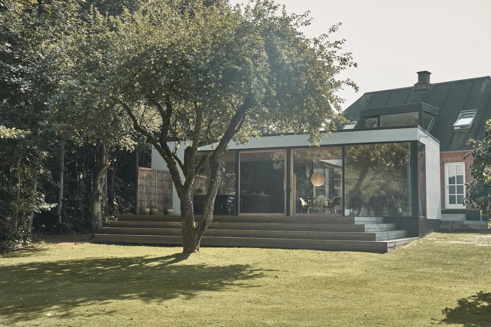 Villa K ved Mossø: tilbygning i glas og mørkt træ under et gammelt æbletræ